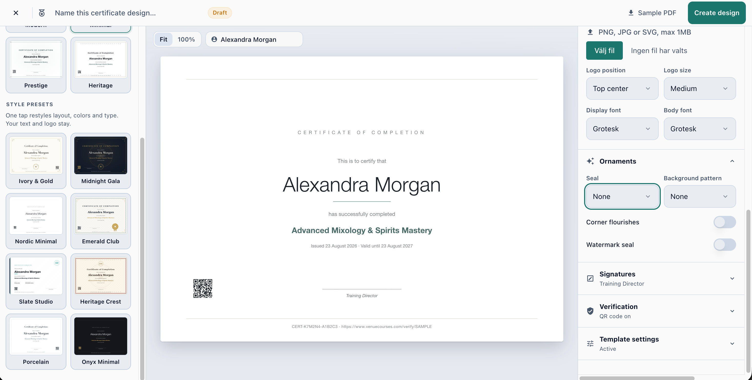 The certificate designer, with a template gallery, live preview, and controls for logo, fonts, seals, and signatures