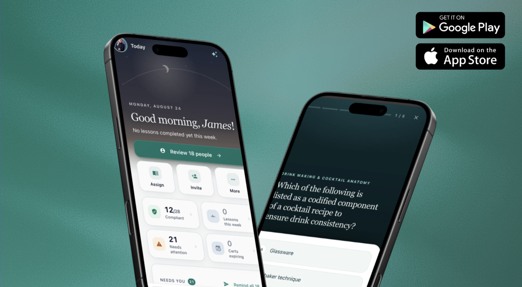 Two phones running the Origin app: a manager's morning dashboard with a review queue and compliance tiles, and a learner mid-quiz — with App Store and Google Play badges