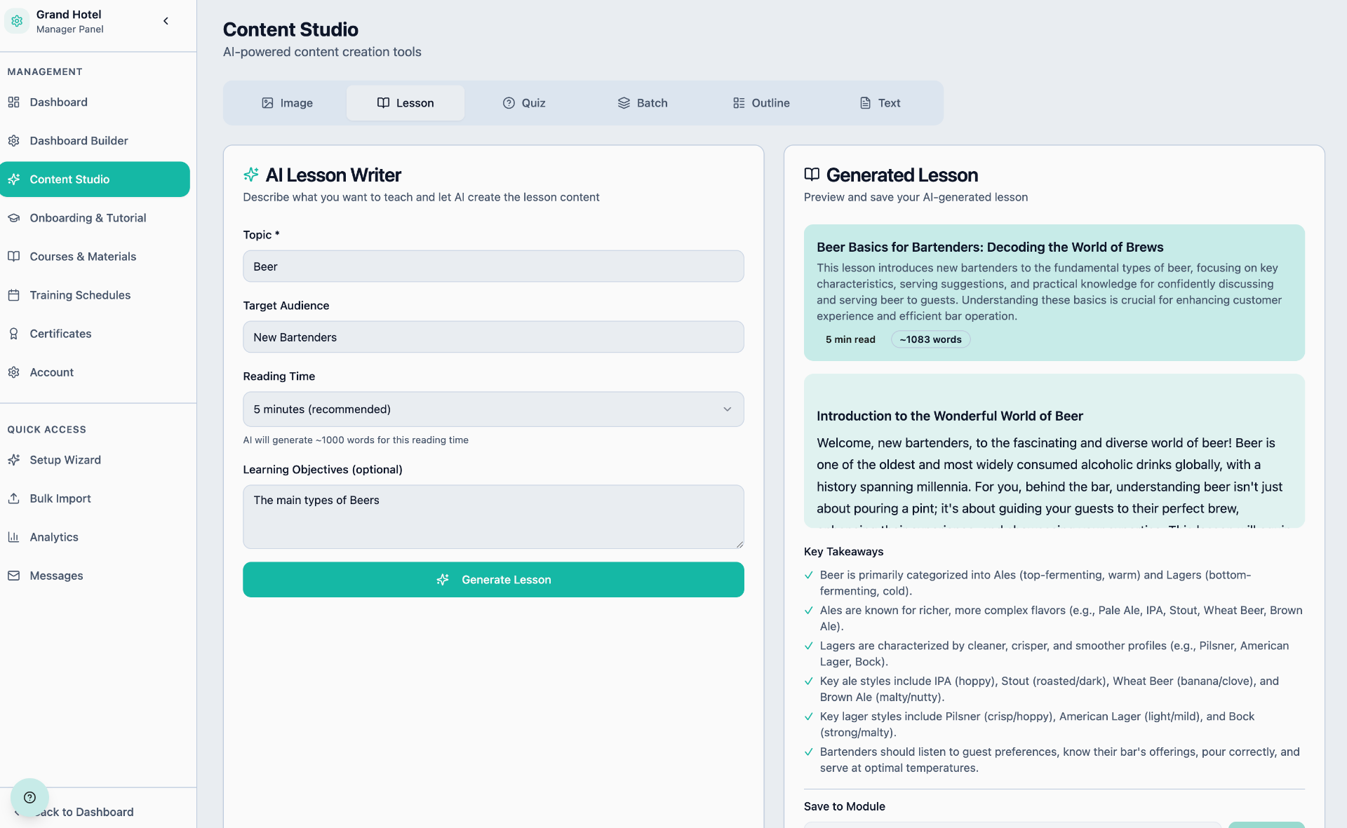 The Content Studio with image, lesson, quiz, batch, outline, and text tools, previewing a generated lesson draft