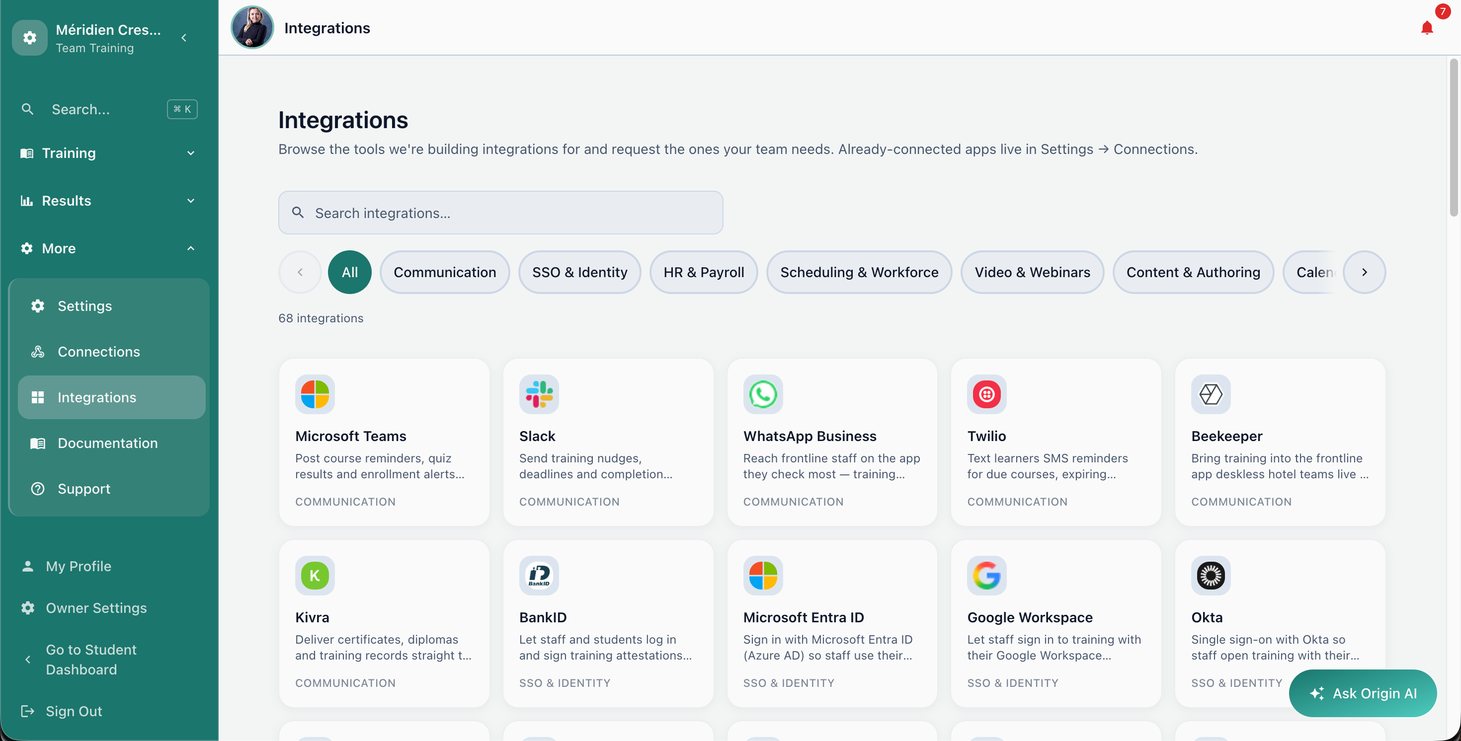 A library of 68 integrations across communication, SSO, HR, and scheduling tools, including Slack, Microsoft Teams, and Okta