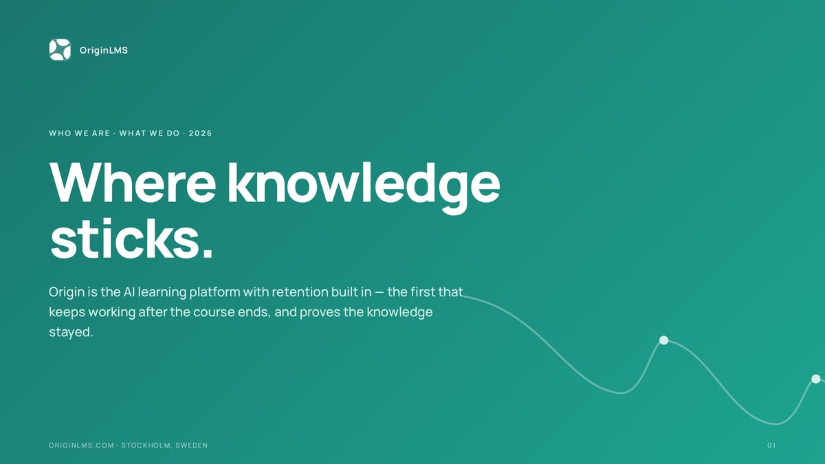 Omslaget till Origin LMS-översikten, med rubriken "Where knowledge sticks."