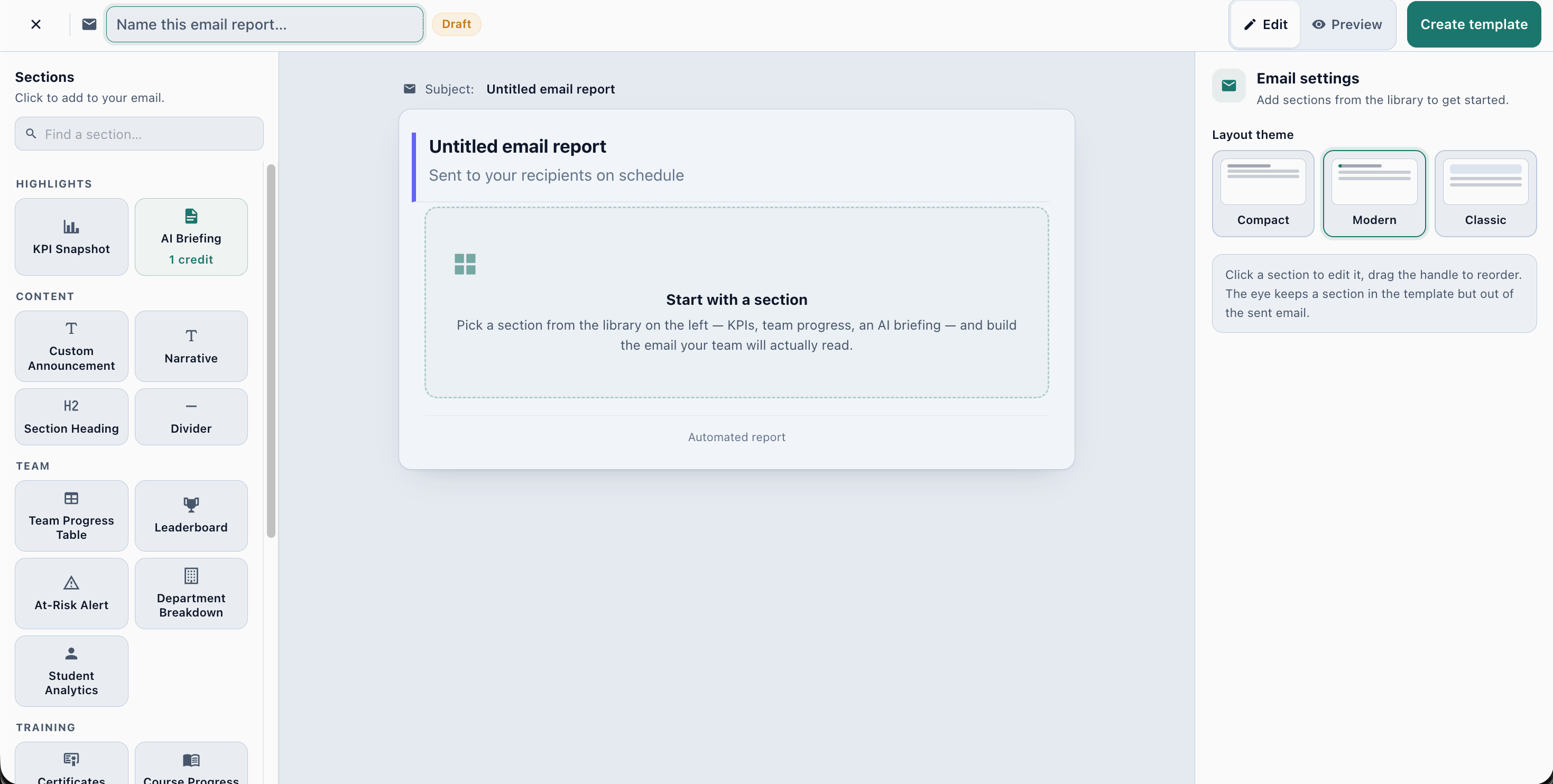 An email report being built from a library of sections: KPI snapshot, AI briefing, team progress, at-risk alert