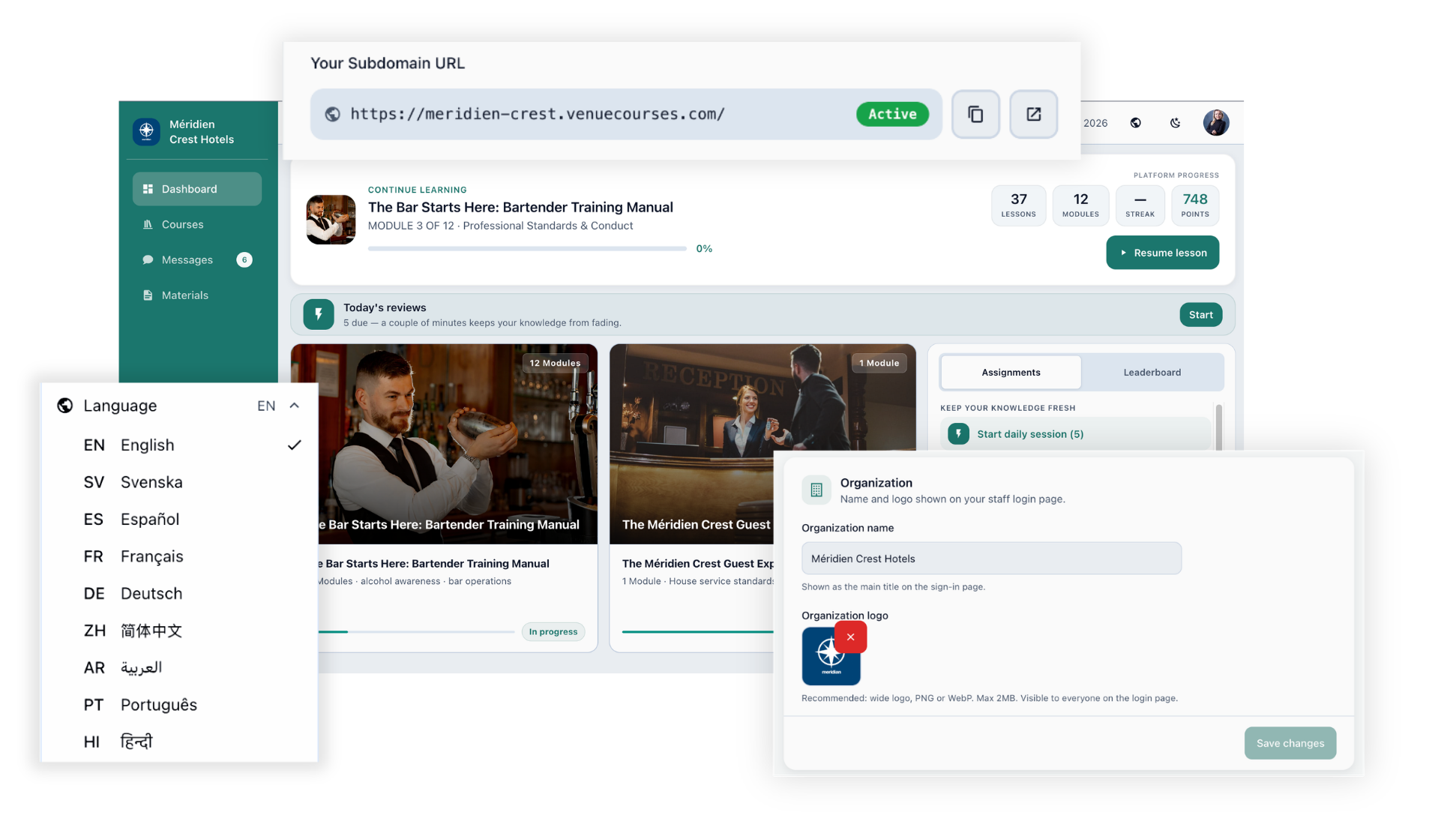 En deltagarportal med kundens eget varumärke, dess subdomän, en språkväljare och inställningar för organisationens namn och logotyp